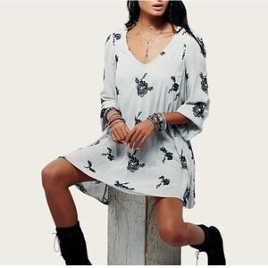 Free People Embroidered Emma Austin Long Sleeve Mini Dress tunic Blue Size M